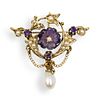 14K Gold Amethyst and Pearl Brooch