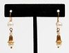 14K Yellow Gold Pearl & Fluted Bead Drop Earrings