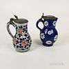 Two Pewter-mounted Polychrome Faience Tankards