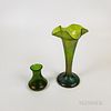 Two Green Iridescent Glass Vases