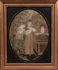 Silk Needlework and Watercolor Picture of Three Girls