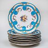 Set of Eight Sevres Outside Decorated Turquoise Ground Plates