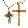 Collection of Two Diamond, Glass, Yellow Gold Crosses