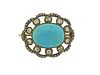 Antique 14k Gold Silver Diamond Turquoise Brooch 