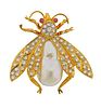 18K Gold Diamond Pearl Ruby  Insect Brooch Pendant