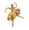 Retro 14k Gold Ruby Diamond Sapphire Ballerina Brooch 
