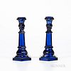 Two Dark Cobalt Blue, Hexagonal, Pressed Glass Candlesticks