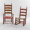 Shaker Red-painted Child's Rocking Chair and a Four-slat Armchair