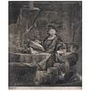 REMBRANDT HARMENSZOON VAN RIJIN, The Gold Weigher, 1639, Plate signed and dated 1639, Etching and dry point, 9.4 x 7.8" (24 x 20cm)