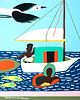 Amos Ferguson (Bahamian 1920-2009)     -  Man in Sailboat, Woman Fishing   -   Enamel on cardboard laid to foamcore, framed