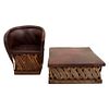 Equipal and stool. 20th century. Rustic style. Carved in wood. Semi-open wicker backrest and brown leather-like seats.
