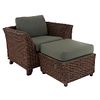 Armchair and stool. 20th century. Made of wood and woven wicker. Dark gray upholstery.