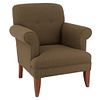 Armchair. 20th century. Carved in wood. Brown upholstery. Closed backrest, padded seat, estipite-type supports.