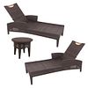 Pair of sun beds and side table. 21st century. Carved in wood. Interwoven synthetic coating and folding backrests.