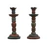 Pair of candleholders. 20th century. Polychrome wood, floral washers, composite shafts, octagonal supports.