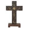 Cross Monstrance. 20th century. Carved in wood. Rectangular base. Brass decorations.