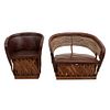 Lot of 2 equipals. 20th century. Rustic style. Carved in wood. Seats in brown leather upholstery.