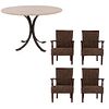 Dining room set. 20th century. Made of wood and woven wicker. Consists of: Table, circular marble top and 4 armchairs.