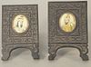 Pair of mid-eastern miniature portraits in carved hardwood frames, image: 1 1/2" x 1 1/4", frame: 4 3/4" x 3".
