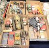 Four tray lots of toy cars, trucks, Jeeps, tracked vehicle and motorcycles.