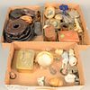 Three tray lots of assorted items to include Japanese mixed metal box with fisherman scene, Chinese stands, curtain tiebacks, picture frames, sterling