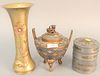 Three piece Chinese group to include set of Chinese pewter stacking boxes, ht. 4 3/4", four round layered covered boxes having brass inlaid decoration