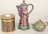 Three piece Chinese cloisonne group to include teapot, ht. 6 1/2", creamer and an enameled round box, ht. 3 1/2". Provenance: The Estate of Ed Brenner