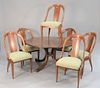 Seven piece dining set to include set of six Swaim Furniture fruitwood dining chairs along with contemporary pedestal dining table, ht. 29", 20" leaf,