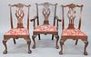 Set of three Baker Colonial Williamsburg mahogany Chippendale-style chairs, one arm and two side, ht. 41 1/2".