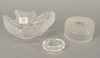Three Rene Lalique glass pieces, "Dahlia" powder box, small salt and a leaf, lg. 8", bowl or dish all signed Lalique, ht. 2 1/2", dia. 4 1/2". Provena
