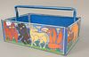 Rex Clawson (1929 - 2007), folk art painted tin pail with handle, painted with animals, signed and dated '1976' on bottom, ht. 9 1/2", lg. 18 1/4".