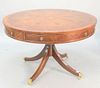 Inlaid drum table having burl top and drawers set on pedestal base, ht. 29 1/2", dia. 48".