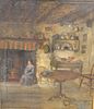 Attributed to John Beaufain Irving (1825 - 1877), oil on board, interior scene, girl by fireplace, 9" x 7 3/4".