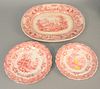 Twenty three piece lot of red and white Staffordshire to include two large trays, set of twelve Asiatic scenery dinner plates, nine Asiatic scenery lu
