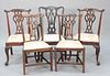 Group of five Chippendale-style dining chairs, two matched, pair of side chairs plus one odd armchair.