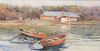 American School oil on panel, Charles River Boathouse, unsigned, 7 3/4" x 14 1/2".