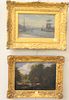 Two framed paintings to include Bucolic oil on board, landscape with fishermen, unsigned, 8 1/4" x 11" along with oil on board of marine ships in harb
