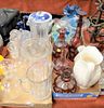 Five tray lots of miscellaneous glass and china, Ruby Flash decanters, vases, hobnail glass, art glass pitcher, Chinese porcelain pot, salt glazed pit