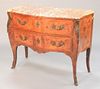 Marquetry inlaid Louis XV style commode having marble top over two drawers, one corner of marble with chip, some veneer damage, ht. 33", wd. 41".