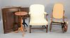Five piece lot to include bentwood rocker, hanging corner cabinet, ht. 36", two stands, one with checkerboard top along with an upholstered armchair.