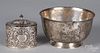 Irish silver bowl and repousse tea caddy