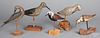 Five carved and painted shorebird decoys