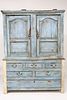 French Blue Painted Two-Part Kitchen Cupboard, 18th Century
