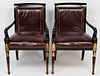 Empire Style Leather and Carved Wood Armchairs, Pr