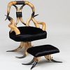Edwardian W.R. Griffin Horn Chair and Footstool Upholstered in Ralph Lauren Velvet