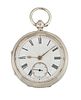A HALLMARKED SILVER OPEN FACED POCKET WATCH, circular white enamel dial wit