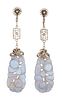 A PAIR OF CHINESE BLUE LACE AGATE EARRINGS, the carved and pierced agate pa