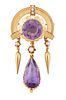 A 19TH CENTURY AMETHYST AND SEED PEARL BROOCH, the central amethyst, claw m