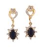 A PAIR OF 9CT SYNTHETIC SAPPHIRE AND DIAMOND EARRINGS, the oval synthetic s