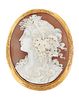 A 9CT GOLD MOUNTED SHELL CAMEO, the oval shell cameo of Dionysus, with coll
